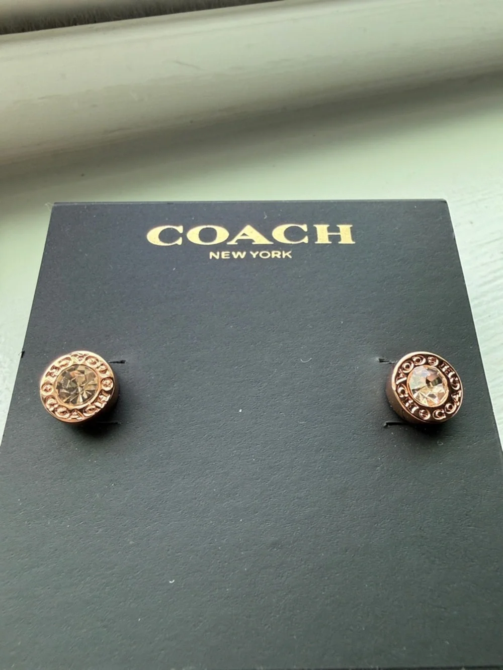 NWT Coach Rose Gold-Tone Pink Crystal Round Stud Earrings - Picture 4 of 8